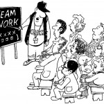 cartoon showing coach teaching in front of class of people